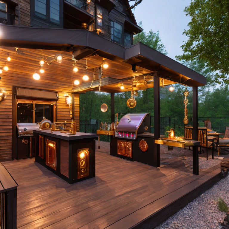 Modern Outdoor Deck with Kitchenette, Grill, and Bar Seating at Dusk