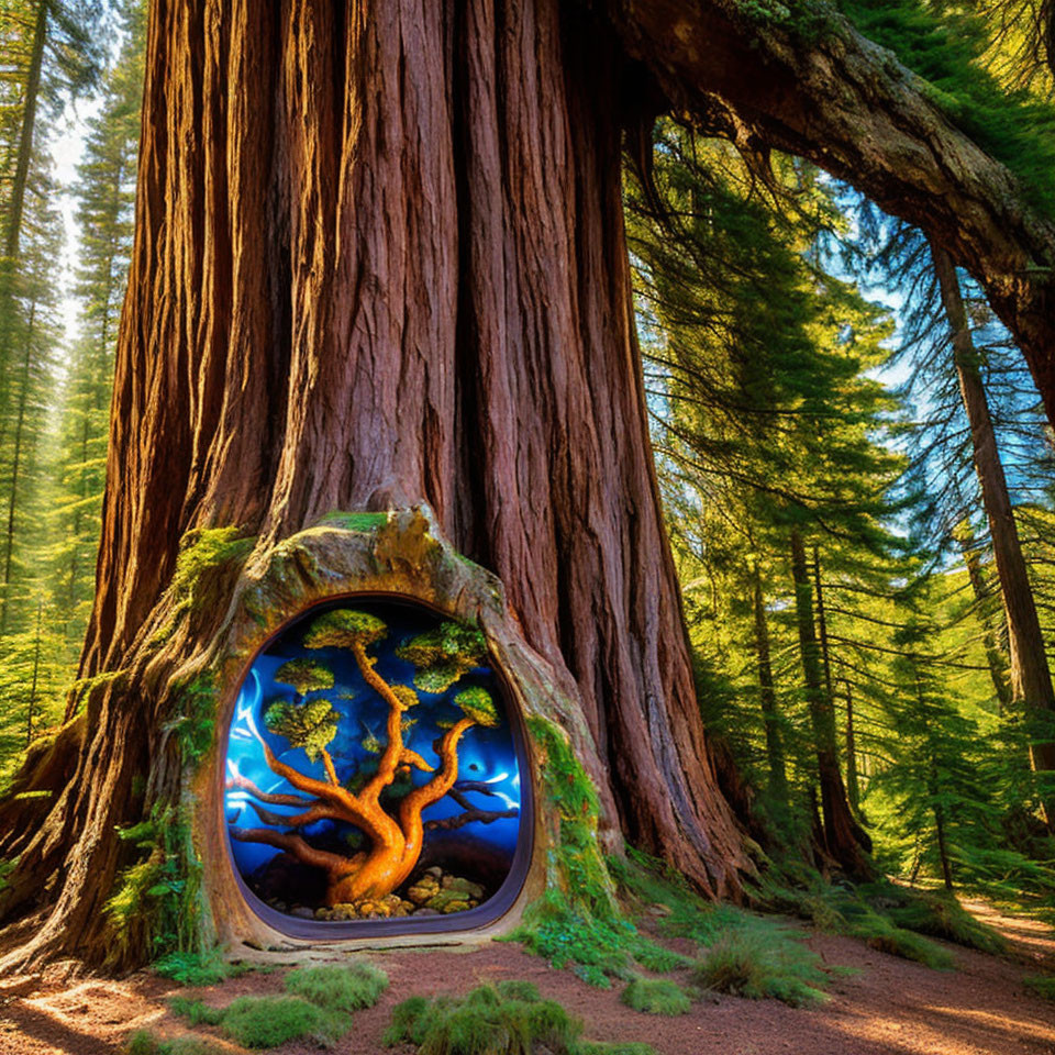 Giant redwood tree with surreal circular portal to fantasy landscape