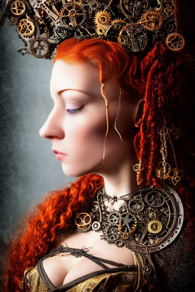 Vibrant red-haired woman in steampunk attire with gear accessories poses.