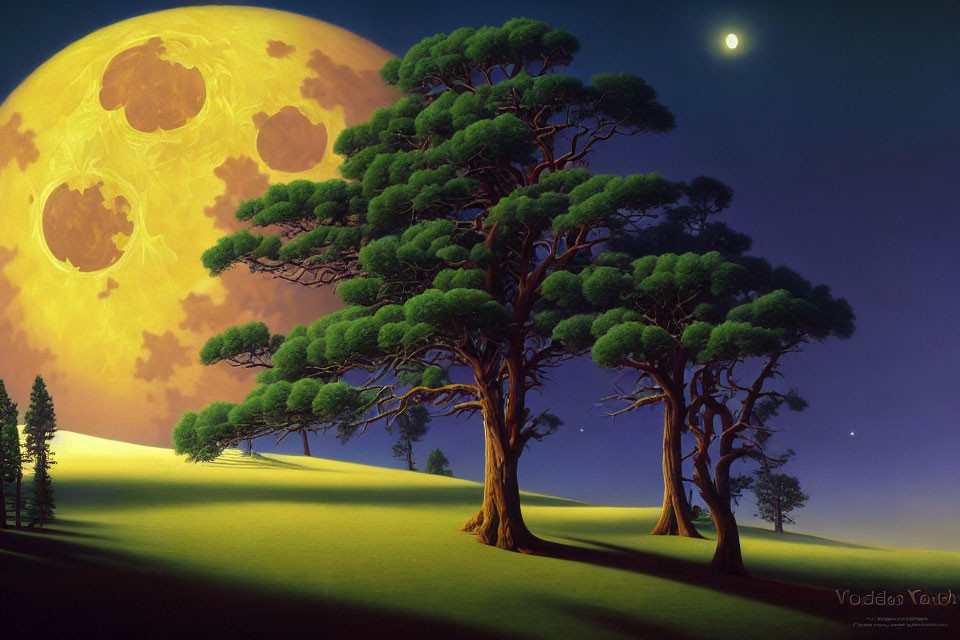 Surreal landscape with oversized glowing moon and towering trees under twilight sky.