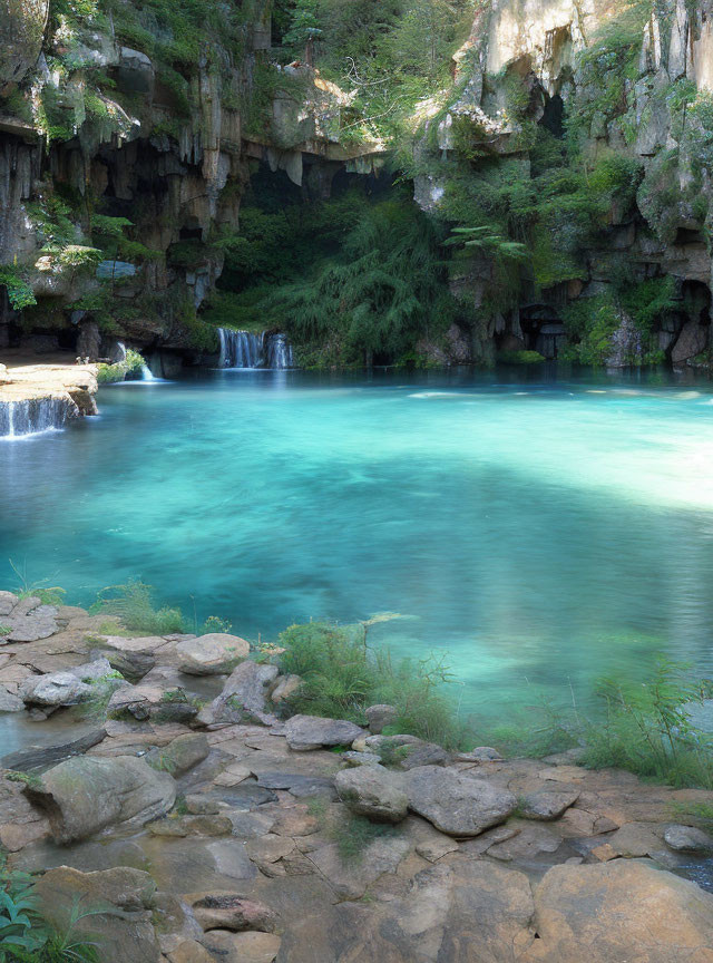 Clear Turquoise Natural Pool with Rocky Cliffs & Waterfalls