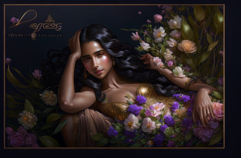 Digital Artwork: Woman with Dark Hair, Gold Jewelry, and Colorful Flowers