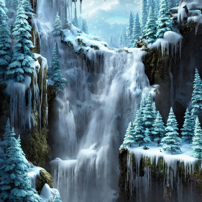 Frozen Waterfall Cascading Among Snow-Dusted Evergreens