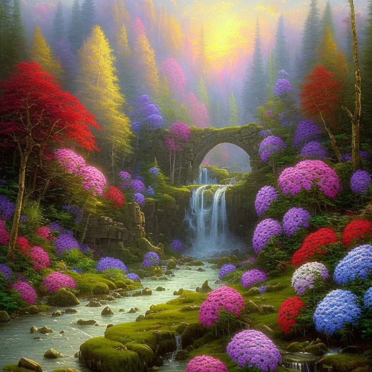 Scenic waterfall flowing through ancient stone arch with vibrant flowers and misty forests