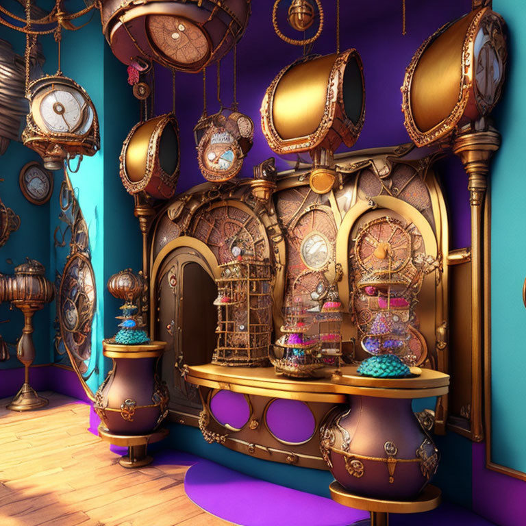 Colorful potions and oversized clocks in whimsical room