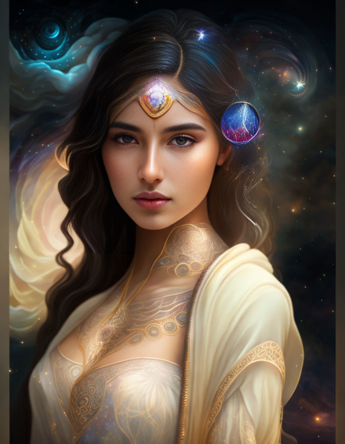 Celestial-themed mystical woman with flowing garments and cosmic backdrop.