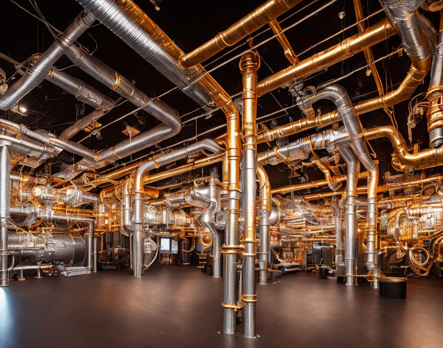 Intricate golden pipes and machinery in dark industrial room