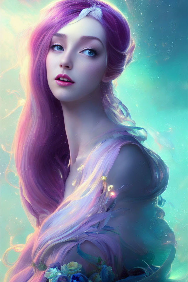 Ethereal portrait of a woman with purple hair, blue eyes, tiara, on teal backdrop