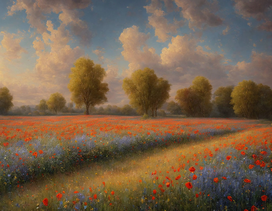 Tranquil landscape with red poppies, golden sky, and green trees