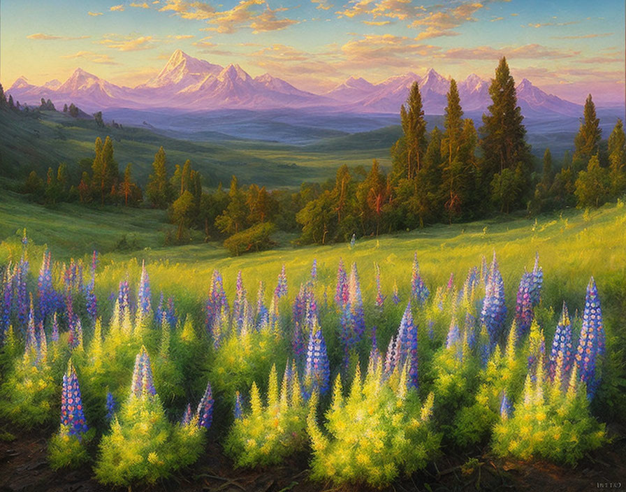 Scenic landscape with purple lupines, green hills, and snowy mountains