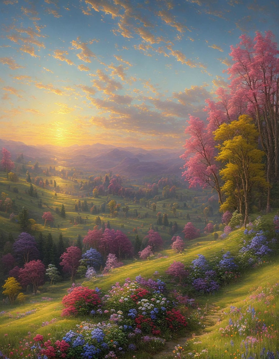 Vibrant hillside with blooming pink and purple trees under golden sunrise