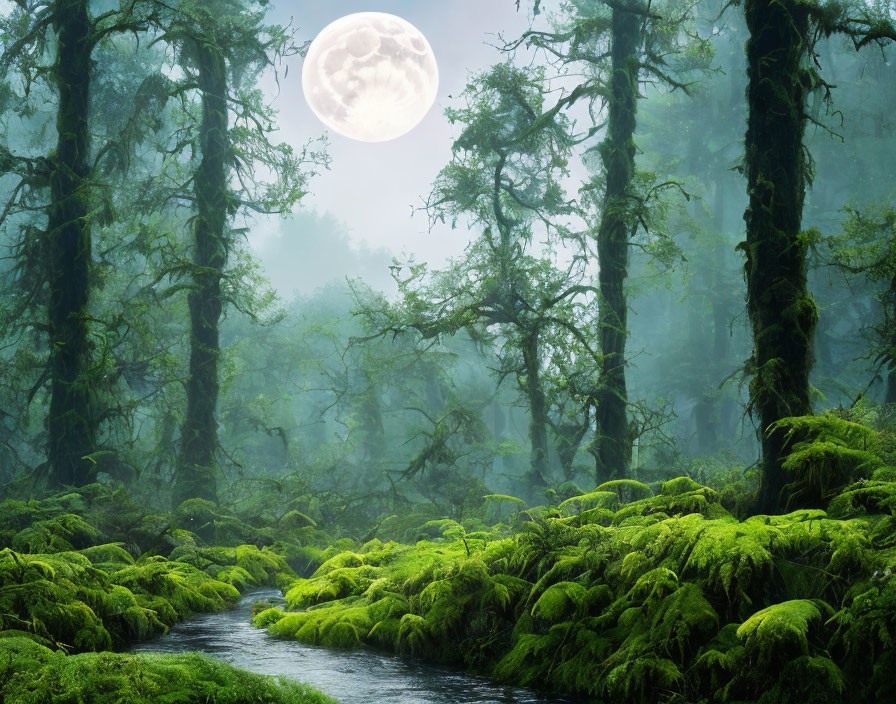 Moonlit Forest Scene: Moss-Covered Ground, Twisted Branches, Soft Mist