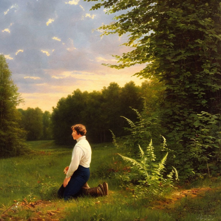 Person kneeling in contemplation in grassy clearing under serene sky