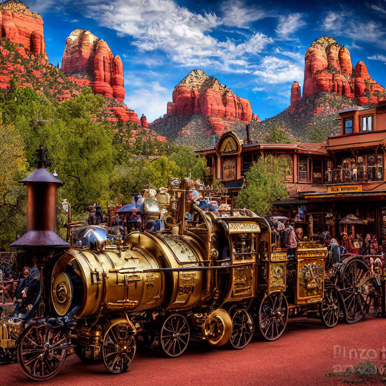 Vintage Steam Locomotive Parade with Spectators and Red Rock Formations