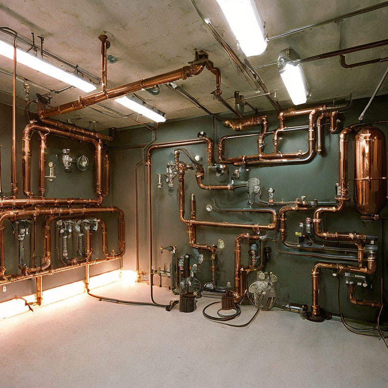 Complex Network of Copper Pipes and Valves in Industrial Room