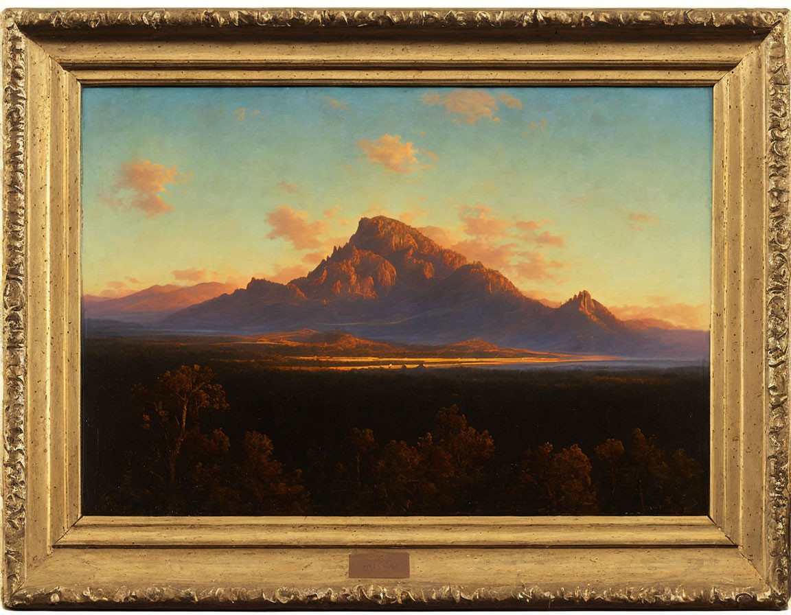 Majestic mountain sunset with forest in ornate golden frame