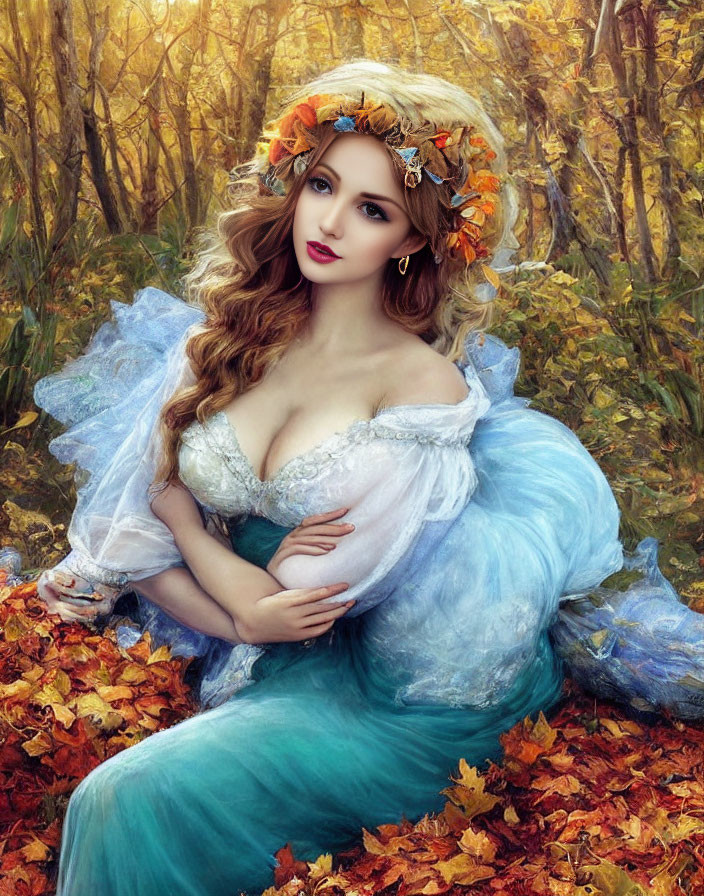 Woman in Blue and Green Gown with Autumn Leaf Headpiece in Forest Setting