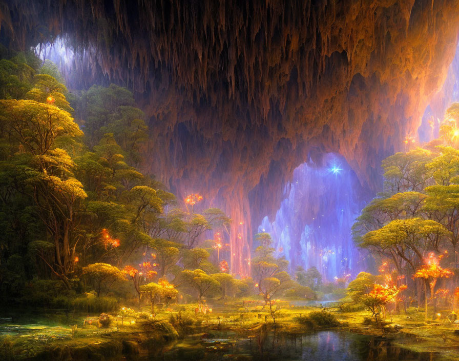 Ethereal forest scene with luminous trees and serene river