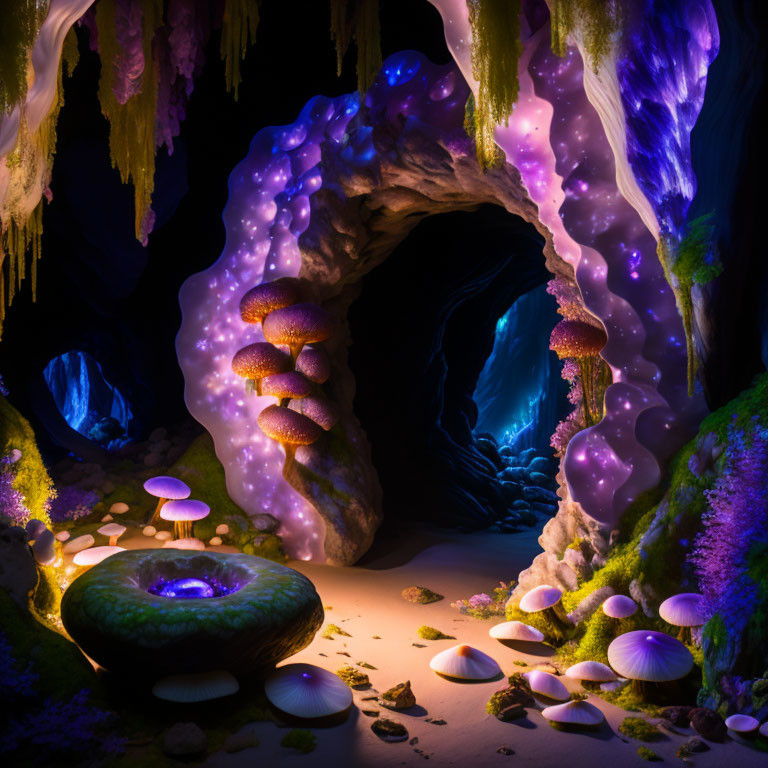 Mystical Cave Entrance with Glowing Plants and Seashells