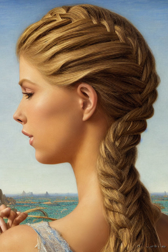 Elaborate Braided Hairstyle on Woman in Renaissance Landscape