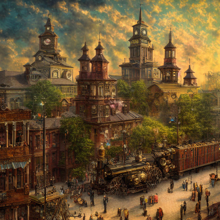 Victorian-era steampunk scene with ornate buildings, steam train, and bustling street life.