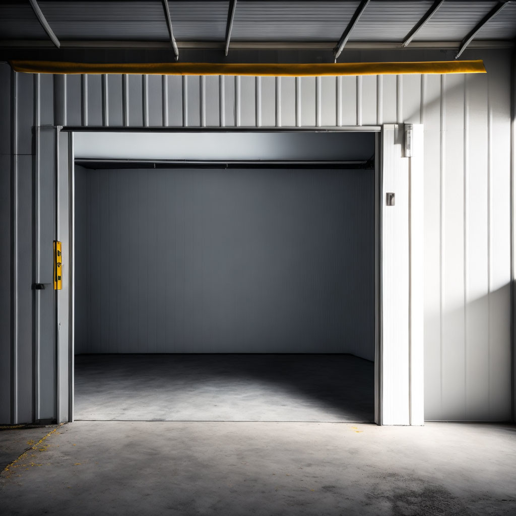 Open industrial garage with natural light and sharp shadow on concrete floor