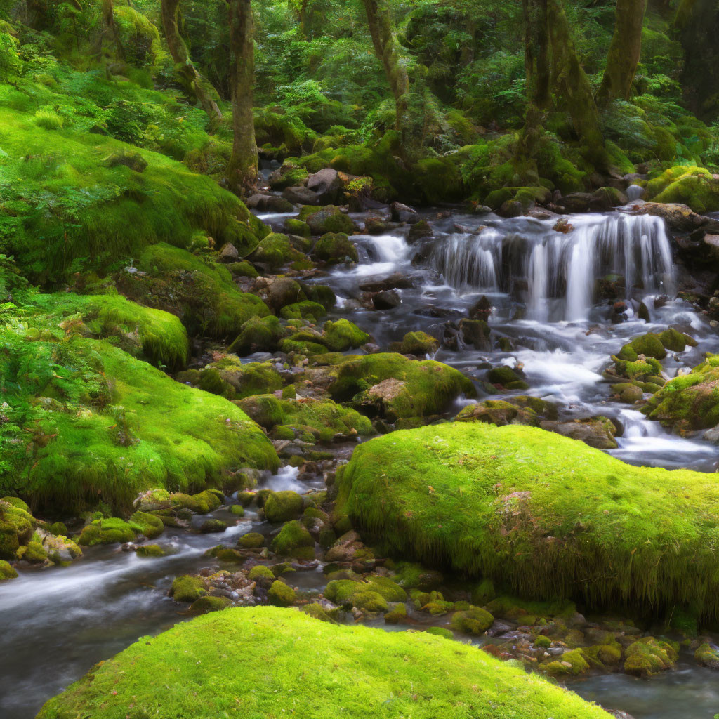 Tranquil moss-covered forest with small waterfall and lush greenery