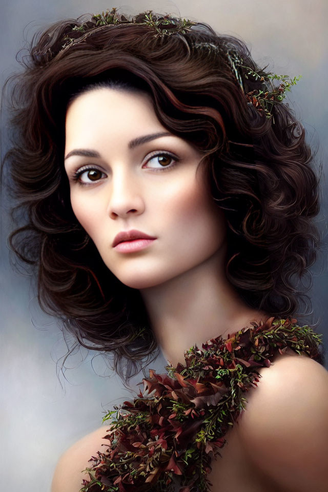 Portrait of woman with curly hair, greenery, and leaf dress