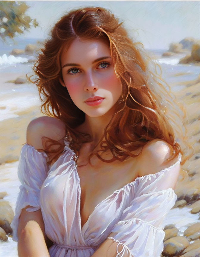 Portrait of Woman with Auburn Hair on Beach Shore