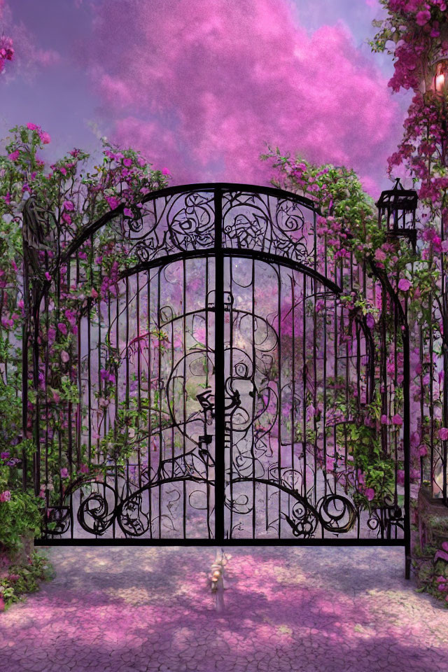 Intricate black gate with purple vines under pink sky