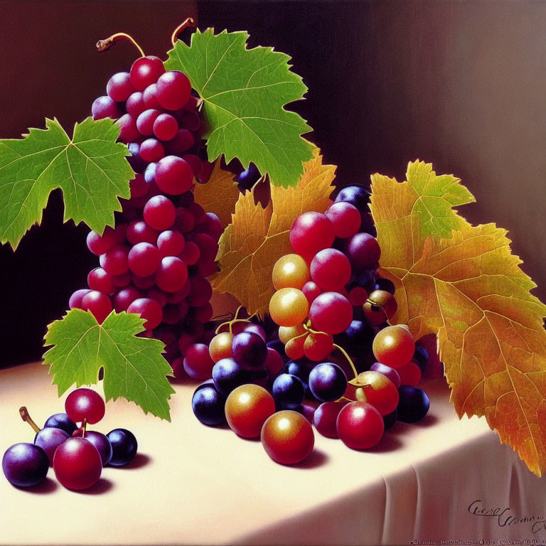 Vibrant still life painting of red and dark purple grapes on beige surface