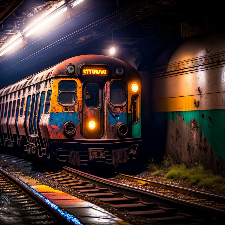 Dimly Lit Subway Train Approaching with Vibrant Overhead Lights