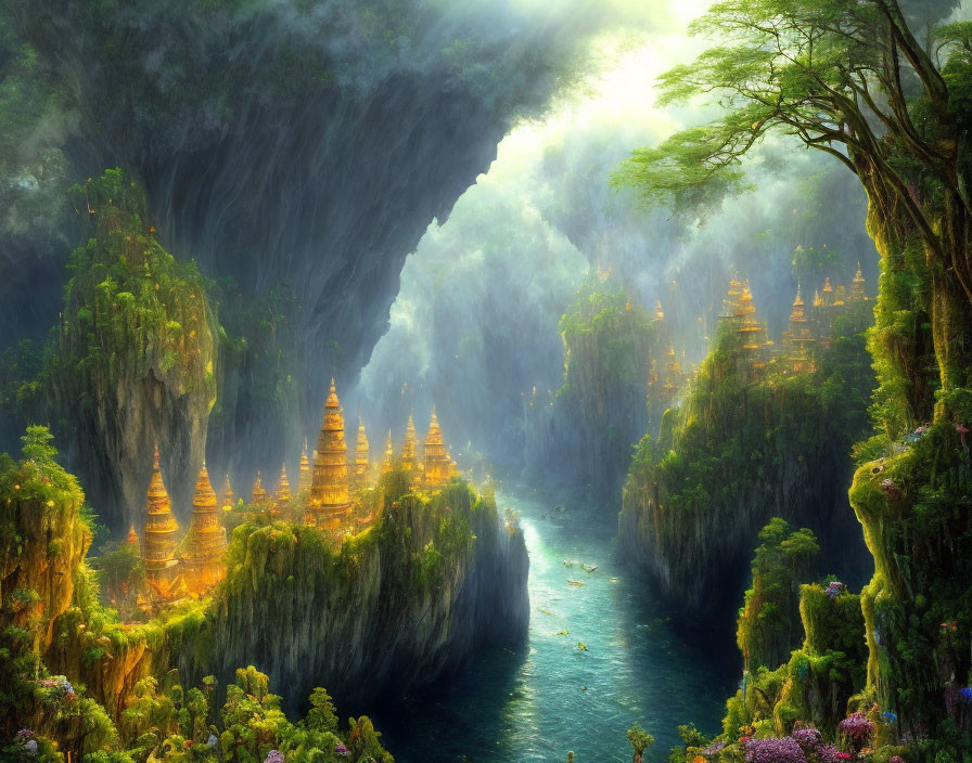 Mystical river in lush valley with ancient temples and towering cliffs