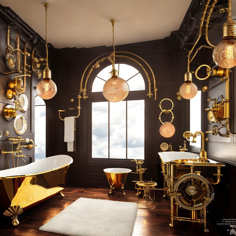 Luxurious Bathroom with Gold Accents, Clawfoot Tub, Vintage Fixtures, and Hanging Globe Lights