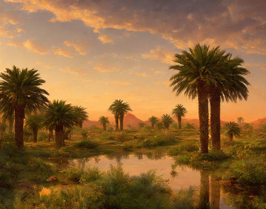 Tranquil desert oasis at sunset with palm trees, lush greenery, and distant mountains