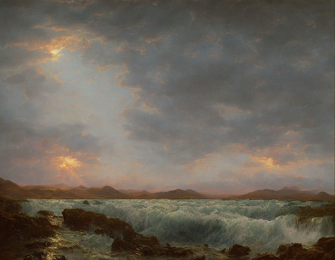 Dramatic seascape painting with crashing waves and sunlight piercing clouds