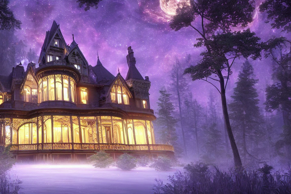 Victorian-style mansion in mystical forest at twilight with purple sky and swirling galaxies