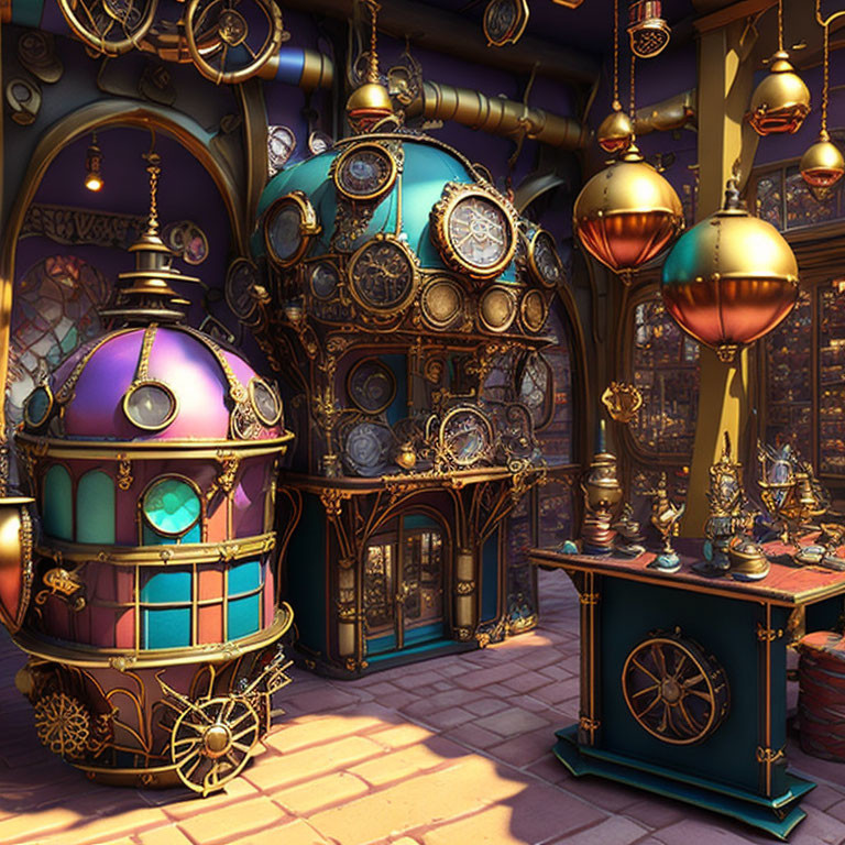 Steampunk-themed room with clocks, stained glass, brass gears, and whimsical machines