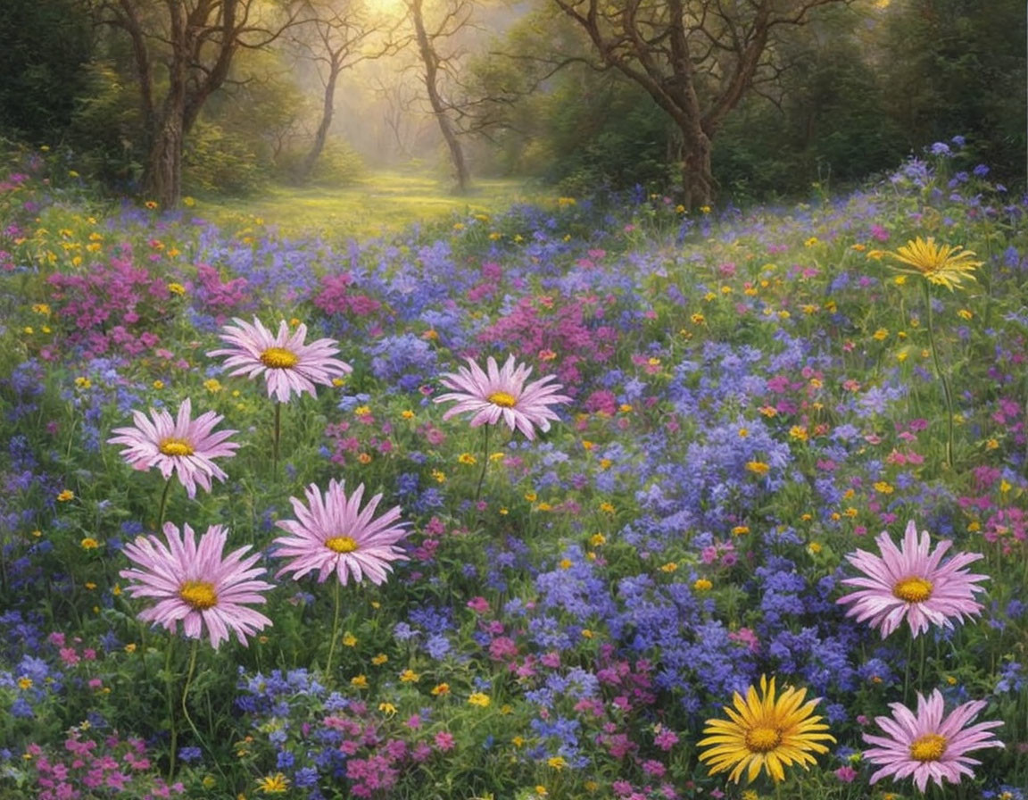 Tranquil meadow with vibrant wildflowers and sunlit trees