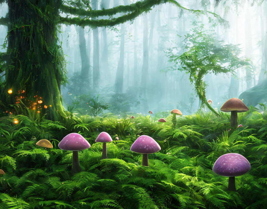 Vibrant purple mushrooms in mystical forest setting