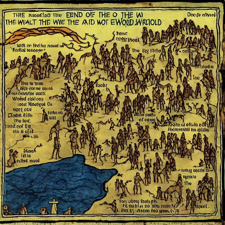 Ancient map-style illustration with figures heading to "THE END OF THE WORLD