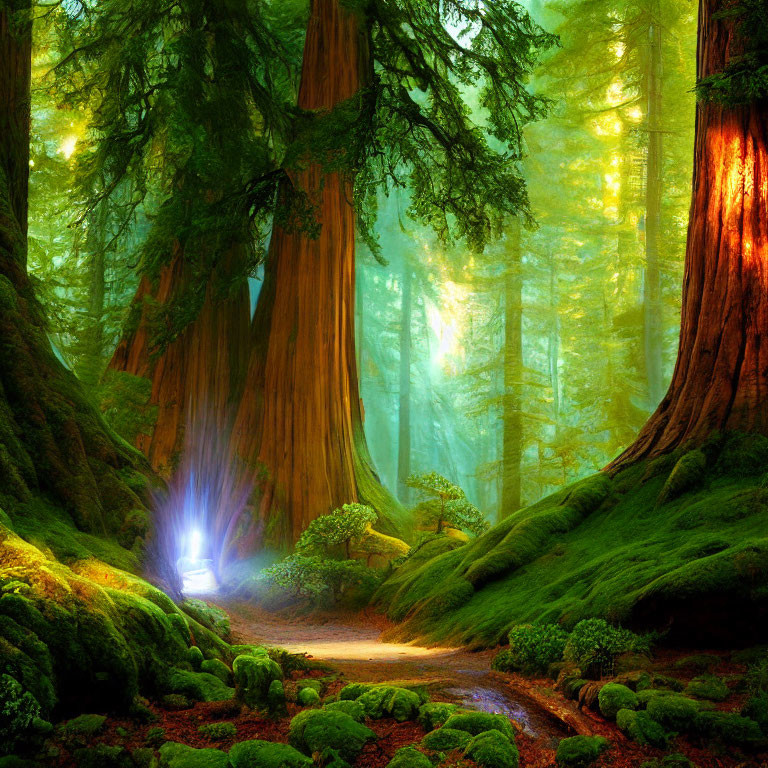 Misty forest with vibrant trees, moss, winding path, and glowing light