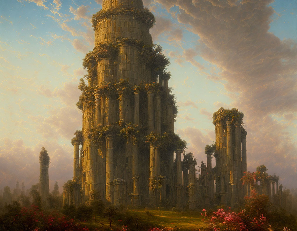 Ethereal landscape with ancient ruins and overgrown foliage under warm sky