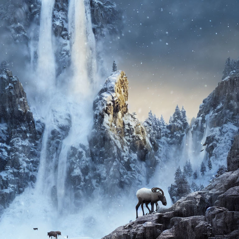 Snow-covered cliffs with majestic waterfall and bighorn sheep grazing.