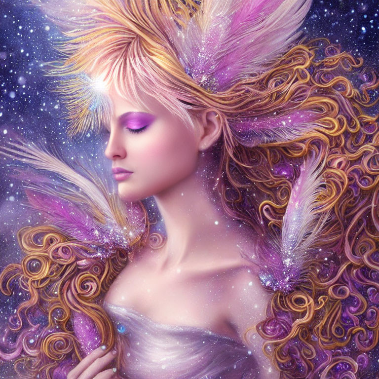 Portrait of being with closed dreamy eyes and pink feathers in golden curls against starry backdrop