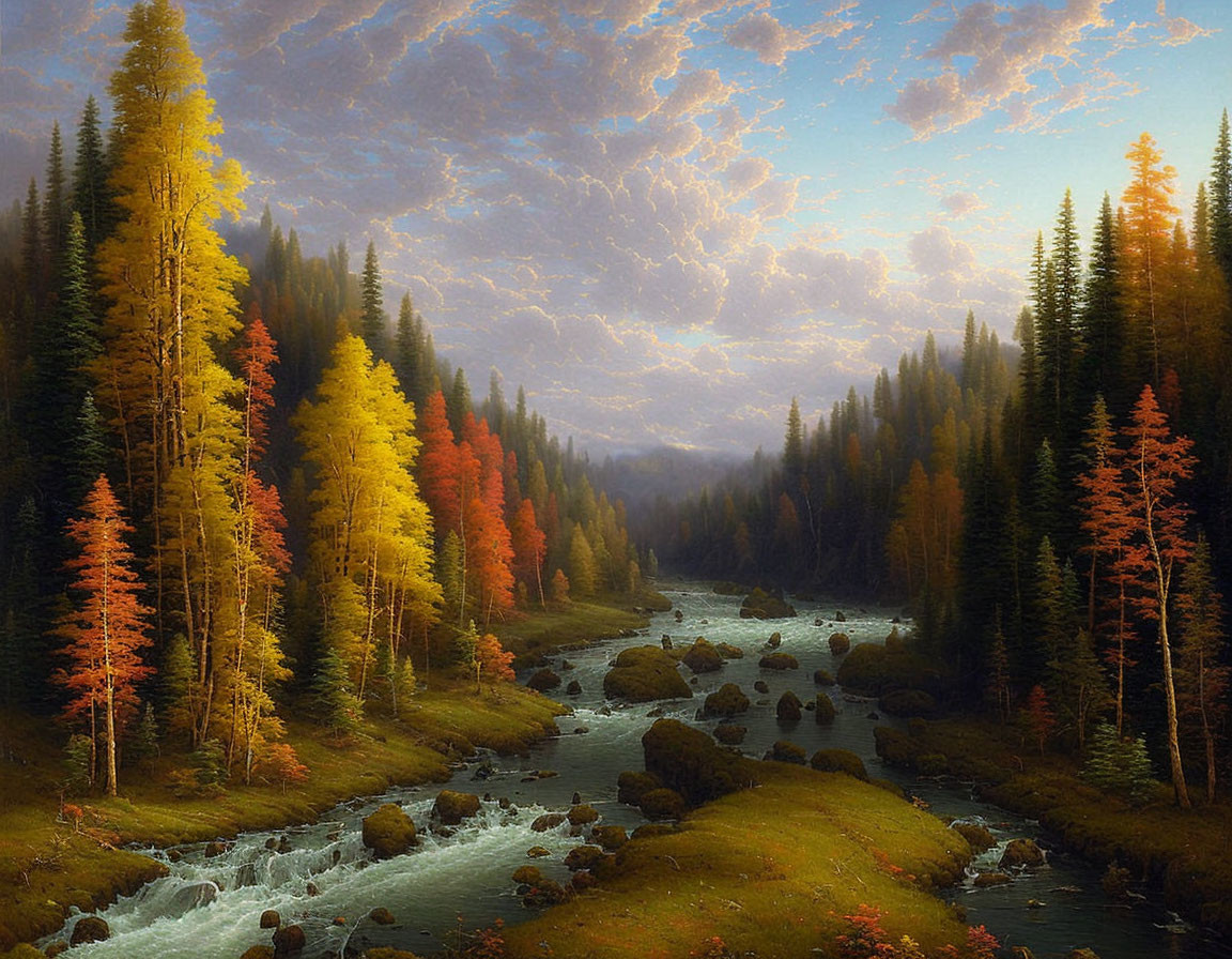 Tranquil autumn river scene with colorful forest and cloudy sky