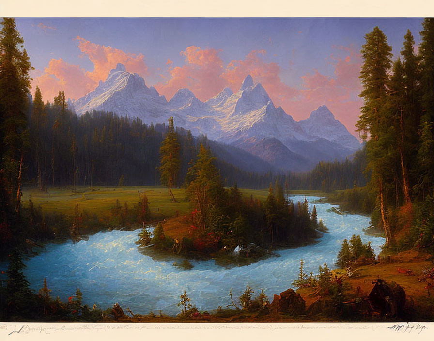 Tranquil landscape painting: vibrant river, lush forest, snow-capped mountains at sunset