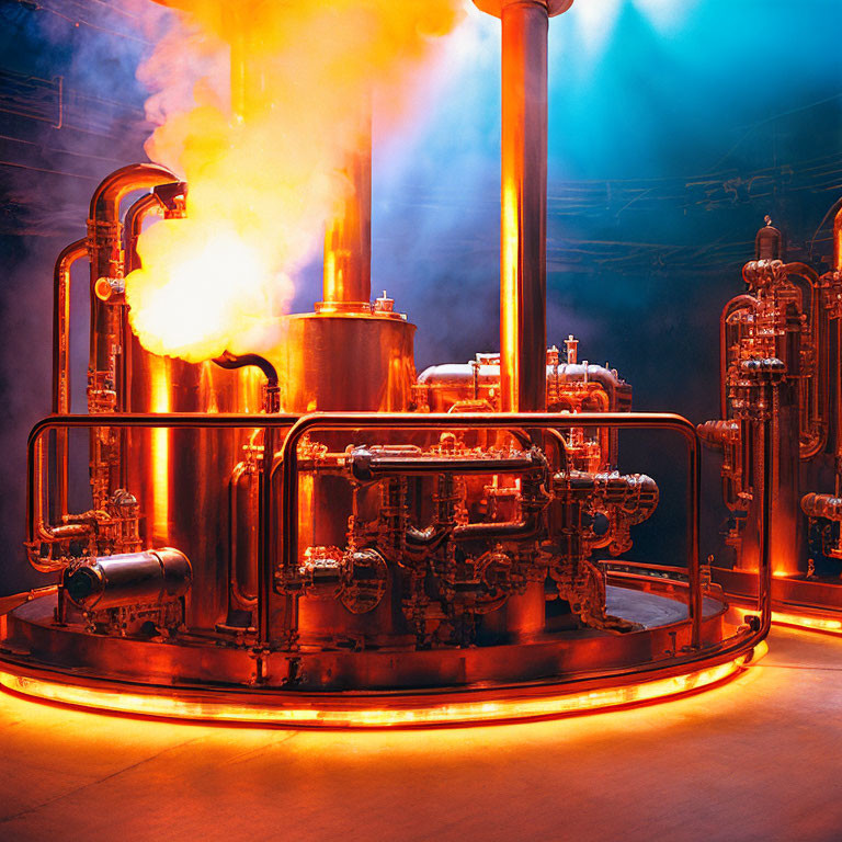 Industrial equipment emitting steam with orange and blue lighting