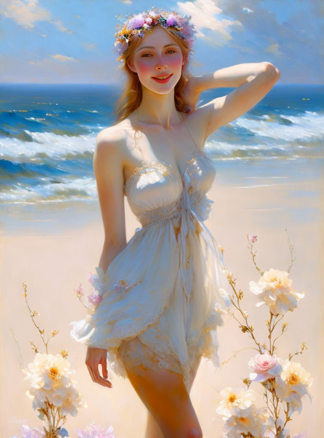 Smiling woman with floral wreath by the sea