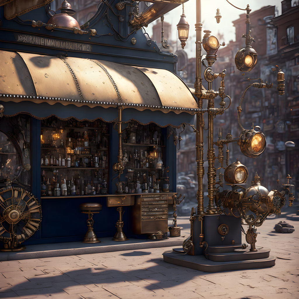 Steampunk kiosk with brass gears and vintage charm on cobblestone street